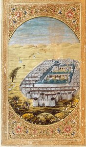 Zicht op Mekka (La Mekke), plaats van de moslimbedevaart, en de vlaktes van de berg Arafat (Arafah), Saoedi-Arabië. Pagina uit een editie van de Koran