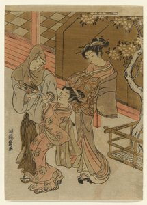 Courtisane die haar Bediende Bekijkt die een Man met Kap Ophoudt door Isoda Koryusai