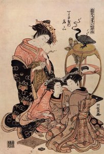 Japanse courtisane in kimono met een kopje thee door Isoda Koryusai