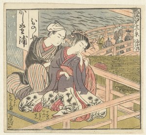 Liefdespaar op veranda door Isoda Koryusai