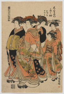 Modellen van Mode: Nieuwe Ontwerpen als Frisse Jonge Bladeren: De Courtisane Tagasode van Daimonjiya met Katsuru, Tomeki, en Bedienden, Edo-periode, 1778-80 (kleur houtsnede) door Isoda Koryusai