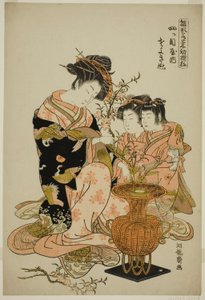 Sayoginu van de Yotsumeya, uit de serie "Modellen voor mode: Nieuwe ontwerpen zo fris als jonge bladeren (Hinagata wakana hatsu moyo)" door Isoda Koryusai