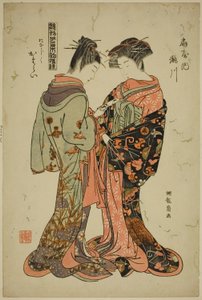 Takigawa en Katarai van de Ogiya, uit de serie "Modellen voor mode: Nieuwe ontwerpen zo fris als jonge bladeren (Hinagata wakana hatsu moyo)"