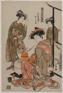 De courtisane Karahama van Yamashiroya voert de theeceremonie uit (uit de serie Modellen voor mode: Nieuwe ontwerpen zo fris als jonge bladeren) door Isoda Koryusai
