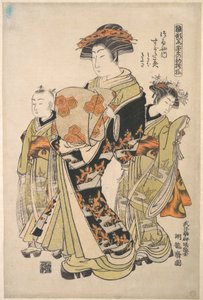 De courtisane Sugatami van het bordeel Tsuruya, uit de serie „Een patroonboek van de eerste ontwerpen van het jaar, fris als lentekruiden“ („Hinagata wakana no hatsu moyō“) door Isoda Koryusai