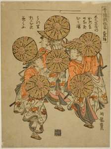 De Bloemenhoedendans (Hanagasa odori), uit de serie "Komische Optredens van het Niwaka Festival in de Plezierwijken (Seiro niwaka kyogen)" door Isoda Koryusai