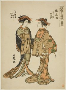 De tiende maand (Kannazuki): Wakamatsu en Wakatsuru van de Tawaraya, uit de serie "Twaalf patronen in het noordelijke kwartier (Hokkaku juni moyo)" door Isoda Koryusai