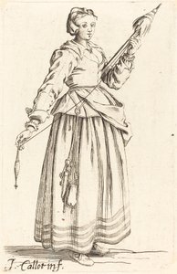 Jonge vrouw met spinrokken, naar rechts gericht door Israel Henriet after Jacques Callot