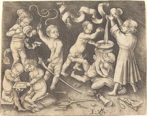 Zeven kinderen aan het spelen, ca. 1490