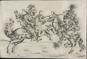 Gevecht van twee wilde mannen te paard door Israhel van Meckenem the younger