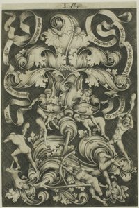 Ornament met bloem en acht wilde mensen door Israhel van Meckenem the younger