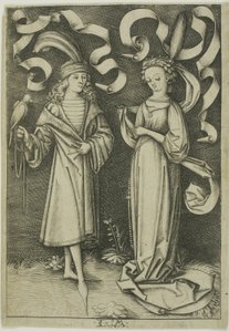 De valkenier en de dame door Israhel van Meckenem the younger