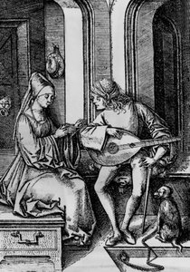 Een vrouw die zingt terwijl een man een luit speelt (gravure) door Israhel van the younger Meckenem