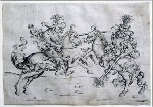 Twee ruiters spelen. Spel van twee mannen te paard. Tekening door Israel Van Meckenem (ca. 1440-1503). Louvre Museum door Israhel van the younger Meckenem