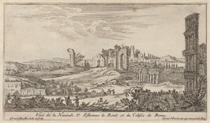 Veuë de la Navicule St. Estienne le Rond et du Colisée de Rome door Israël Silvestre