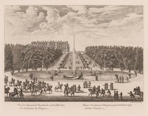 Uitzicht op het Kasteel van Versailles, vanaf de kant van de laan en de Drakenfontein