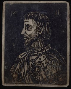 Borstbeeld van een bebaarde man met sierlijk borstplaat naar links door Italian 16th Century