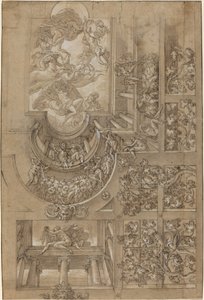 Illusionistisch plafond met een druivenprieel, figuren op galerijen en een centrale scène van Olympische goden door Italian 16th Century