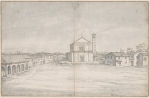 Een stadscentrum met een kerk