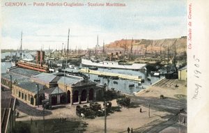Ponte Federico Guglielmo en veerbootterminal, Genua door Italian Photographer