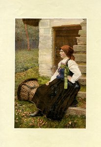 Vrouw in traditionele klederdracht met grote mand naast haar op de grond, Sabbia, Piëmont, foto door V M door Italian Photographer