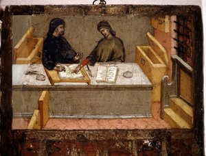 Een Camerlinguist en een belastinginner in het kantoor, Biccherna (omslag van het boekhoudregister van de stad Siena) uit 1394. Nationaal Archief - Museo delle Tavolette de Bicherna, Siena door Italian School