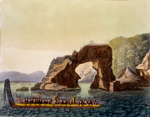 Een Maori versterkt uitkijkpunt in Nieuw-Zeeland, gecombineerd met Maori oorlogskano, 1820s-30s