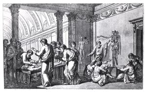 Een anatomieschool in de oudheid, uit Tabulae Anatomicae door Pietro Berrettini da Cortona (1596-1669) gepubliceerd in Rome, 1778