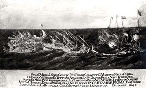 Een zeeslag tussen de Venetiaanse vloot onder generaal Francesco Morosini tegen de Turken voor de kust van Kreta, oktober 1645