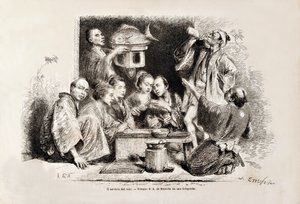 Een klein feestje sake drinken, uit de Italiaanse editie van Tour du Monde, 1869 door Italian School