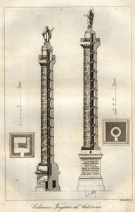 Een doorsnede diagram van de Zuil van Trajanus (113 CE) en de Zuil van Antoninus Pius (161 CE) in Rome - gravure uit 