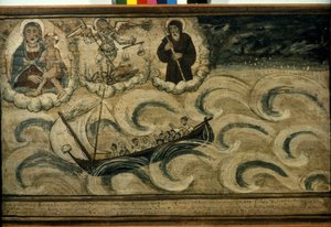 Een vissersboot vlucht voor de storm. Ex voto uit de 17e eeuw uit de kerk van de Madonna dell