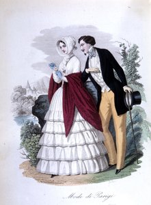 Een galante scène: een elegant paar modieuze Parijzenaars. 1848 (gravure)