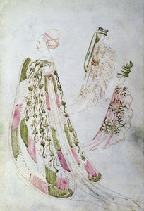 Een vrouw en twee mannen met lange jassen, ca. 1450 door Italian School