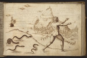 Slangen die een menselijke figuur achtervolgen, uit Historia Animalium