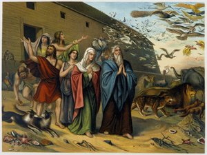 Na de zondvloed, Noach, zijn familie en dieren komen uit de ark - in 
