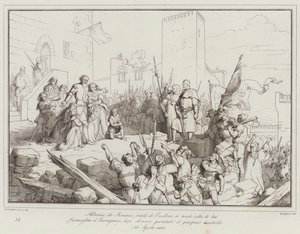 Alberico da Romano, broer van Ezzelino, geeft zich over met zijn familie aan de Trevigiani (gravure) door Italian School