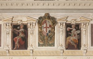 Allegorische figuren en wapenschild van de familie Marino door Italian School