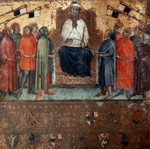 Allegorie van het bestuur van de stad Siena omringd door burgers die er symbolisch mee verbonden zijn door een touw. Anoniem schilderij op hout van een Biccherna (omslag van het boekhoudregister van de stad Siena) 1385. Siena Archivio di Stato, Italië