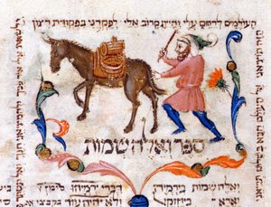 Een olijfoliehandelaar die door Toscane reist, illustratie uit de Thora, 1398 door Italian School