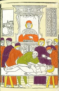 Anatomische dissectie. Gravure uit een Verhandeling over Geneeskunde door Gerolamo Cardano (Cardano) (Cardanus Hieronymus), Florence door Italian School