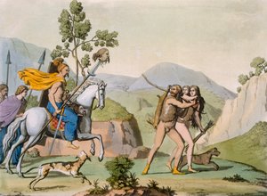 Oude Keltische krijgers op een strooptocht ontmoeten een stel op jacht door Italian School