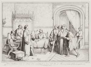 Antonio Condulmero weigert de gouden ketting die hem door de koning van Frankrijk is gestuurd, voordat hij vertrekt (gravure)