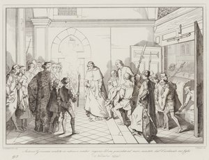 Antonio Grimani in ketenen gebracht om rekenschap af te leggen over zijn generaalschap op zee, bijgestaan door... (gravure) door Italian School