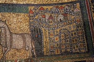 Apsis detail, Bethlehem en schapen (mozaïek)
