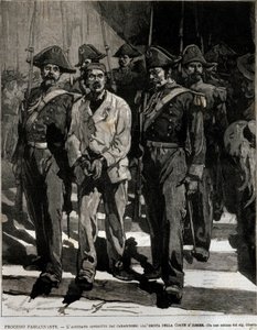Arrestatie van Giovanni Passannante (1849-1910) die de aanslag op de Italiaanse koning Umberto I in Napels in 1878 uitvoerde. Dit evenement inspireerde de dichter Giovanni Pascoli (1855-1912) in een Ode. Gravure van de 19e eeuw door Italian School