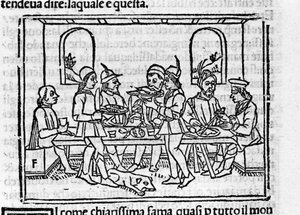 Banketscène in aanwezigheid van leden van de Florentijnse adel. Illustratie voor de 