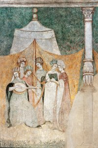 Bicocca degli Arcimboldi: 15e-eeuwse fresco, detail van vrouwen die muziek maken door Italian School