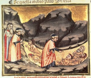 Canto XXXIII Dante en Vergilius ontmoeten Ugolino in de Cirkel van de Verraders, uit de Goddelijke Komedie (de Inferno), ca.1313