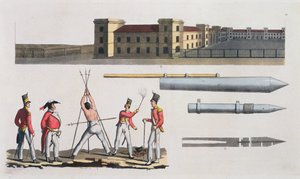 Chatham Barracks, een militaire straf genaamd de Driehoek en Congreve-raketten, plaat 17 uit De geschiedenis van de naties